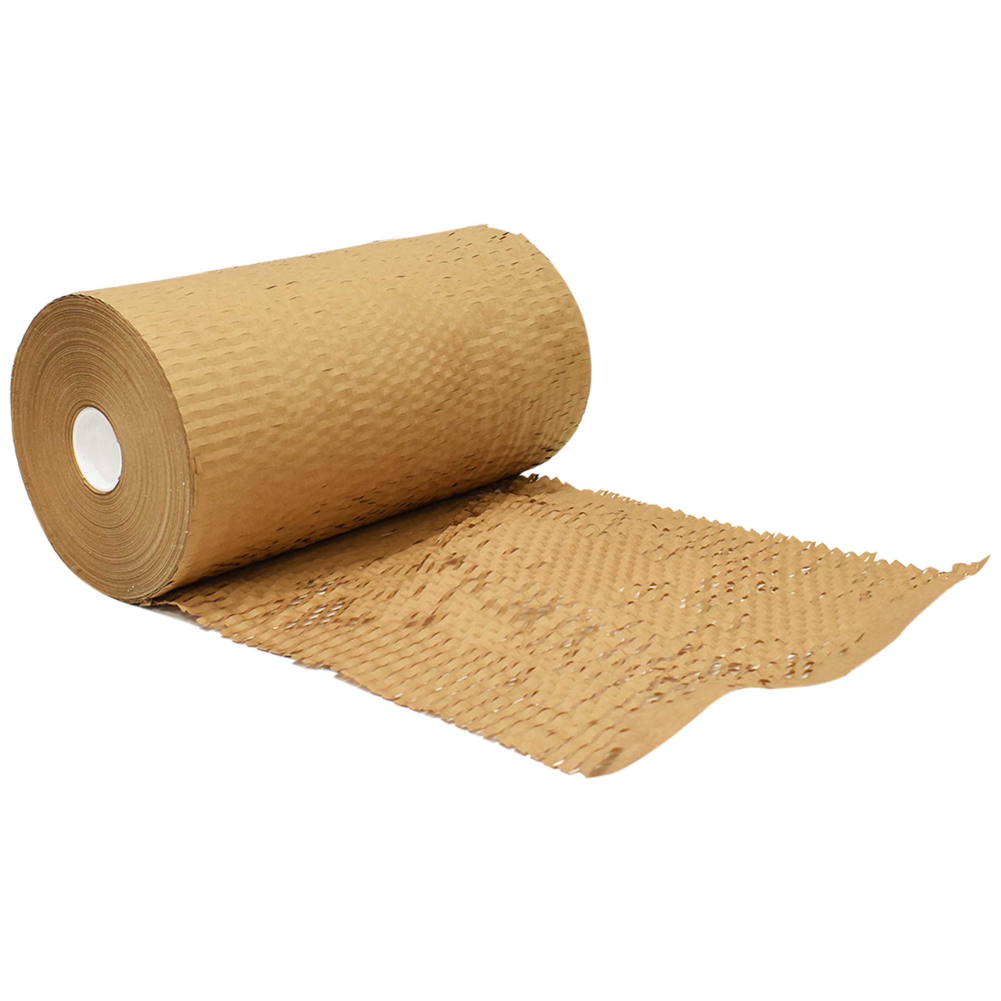 Rolls of honeycomb kraft paper packaging material with hands stretching out the expandable honeycomb wrap.